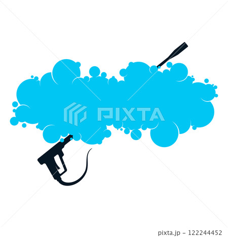 Wash gun and blue water bubbles power wash symbol Wash gun and blue water bubbles power wash symbol 122244452