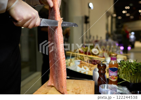 Masterful Artisan Cutting Techniques of Exquisite Fine Meat for Culinary Presentation Delights 122244538