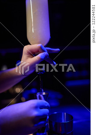 The Art of Crafting Unique Cocktails in a Cozy, Dimly Lit, and Inviting Bar Environment 122244581