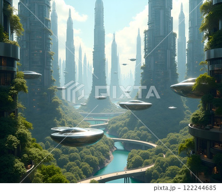 A futuristic cityscape with tall buildings and flying cars. The sky is clear and the sun is shining. The city is surrounded by lush greenery and a river runs through it. Scene is one of wonder 122244685