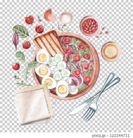 Composition with farm breakfast, morning mess on the table. Isolated watercolor illustration on the theme of food for the design of a cookbook, restaurant menu, gastronomic magazines. 122244711
