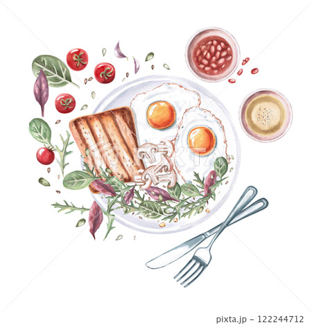 Composition with breakfast, morning mess on the table. Isolated watercolor illustration on the theme of food for the design of a cookbook, restaurant menu, gastronomic magazines 122244712
