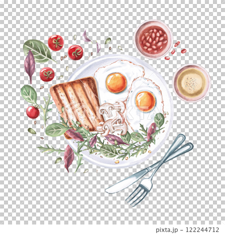 Composition with breakfast, morning mess on the table. Isolated watercolor illustration on the theme of food for the design of a cookbook, restaurant menu, gastronomic magazines 122244712