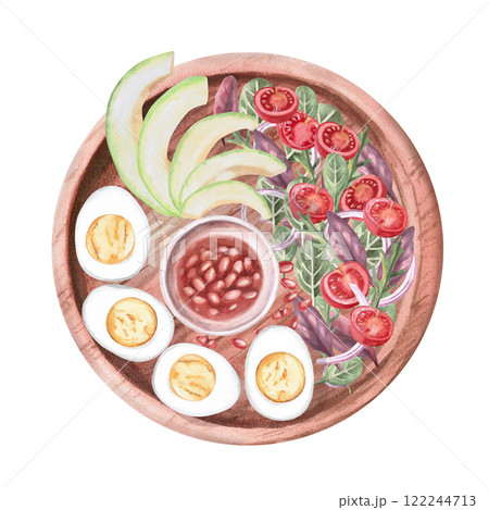 Wooden plate with vegetarian breakfast - toast, avocado, tomatoes, boiled eggs, greens. Isolated watercolor illustration on the theme of food for the design of a cookbook, restaurant menu. Wooden plate with vegetarian breakfast - toast, avocado, tomatoes, boiled eggs, greens. Isolated watercolor illustration on the theme of food for the design of a cookbook, restaurant menu. 122244713
