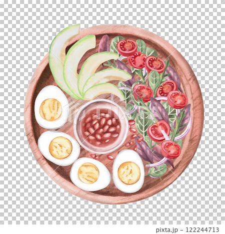 Wooden plate with vegetarian breakfast - toast, avocado, tomatoes, boiled eggs, greens. Isolated watercolor illustration on the theme of food for the design of a cookbook, restaurant menu. Wooden plate with vegetarian breakfast - toast, avocado, tomatoes, boiled eggs, greens. Isolated watercolor illustration on the theme of food for the design of a cookbook, restaurant menu. 122244713