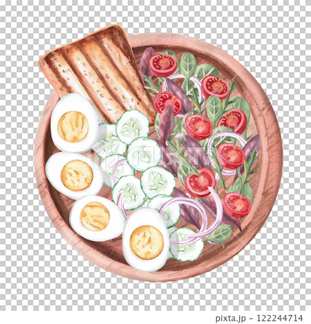 Wooden plate with vegetarian breakfast - toast, cucumbers, tomatoes, boiled eggs, greens. Isolated watercolor illustration on the theme of food for the design of a cookbook, restaurant menu. 122244714