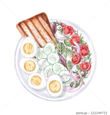 Plate with vegetarian breakfast - toast, cucumbers, tomatoes, boiled eggs, greens. Isolated watercolor illustration on the theme of food for the design of a cookbook, restaurant menu,. Plate with vegetarian breakfast - toast, cucumbers, tomatoes, boiled eggs, greens. Isolated watercolor illustration on the theme of food for the design of a cookbook, restaurant menu,. 122244715