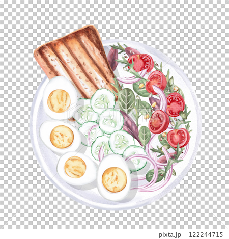 Plate with vegetarian breakfast - toast, cucumbers, tomatoes, boiled eggs, greens. Isolated watercolor illustration on the theme of food for the design of a cookbook, restaurant menu,. Plate with vegetarian breakfast - toast, cucumbers, tomatoes, boiled eggs, greens. Isolated watercolor illustration on the theme of food for the design of a cookbook, restaurant menu,. 122244715