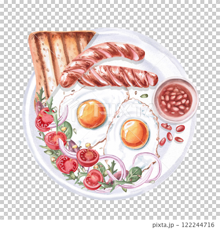 Plate with English breakfast - sausages, toast, tomatoes, beans, fried eggs, greens. Isolated watercolor illustration on the theme of food for the design of a cookbook, restaurant menu, 122244716