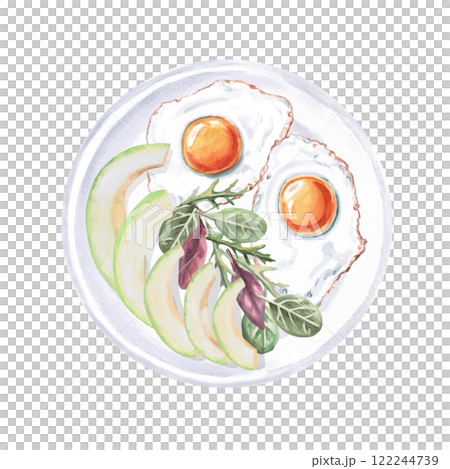Breakfast plate - avocado, fried egg, greens. Isolated watercolor illustration on food theme for cookbook design, restaurant menu, gastronomic magazines and festivals Breakfast plate - avocado, fried egg, greens. Isolated watercolor illustration on food theme for cookbook design, restaurant menu, gastronomic magazines and festivals 122244739