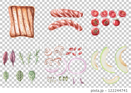 Set of products for breakfast. Isolated watercolor illustration on the theme of food for the design of a cookbook, restaurant menu, gastronomic magazines and festivals. Set of products for breakfast. Isolated watercolor illustration on the theme of food for the design of a cookbook, restaurant menu, gastronomic magazines and festivals. 122244741