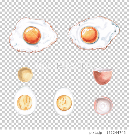 Set of fried eggs, boiled eggs, yolk, eggshell. Isolated watercolor illustration on the theme of breakfast for the design of a cookbook, gastronomic magazine, restaurant menu. Set of fried eggs, boiled eggs, yolk, eggshell. Isolated watercolor illustration on the theme of breakfast for the design of a cookbook, gastronomic magazine, restaurant menu. 122244743