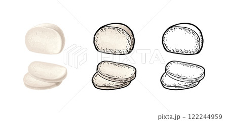 Mozzarella cheese half and slices. Vintage engraving illustration isolated Mozzarella cheese half and slices. Vintage engraving illustration isolated 122244959