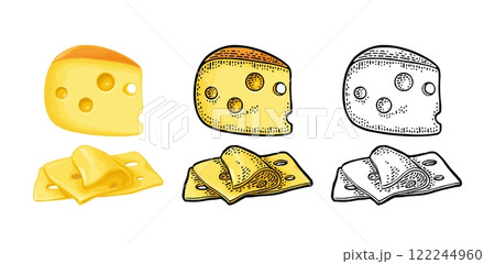 Pieces of cheese. Vector vintage engraving illustration isolated on white 122244960