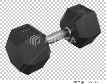 Hex Dumbbell with number 15, weightlifting gym equipment side view. Png clipart isolated on transparent background 122245195