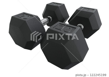 Hex Dumbbells with number 20, weightlifting gym equipment side view. Png clipart isolated on transparent background Hex Dumbbells with number 20, weightlifting gym equipment side view. Png clipart isolated on transparent background 122245199