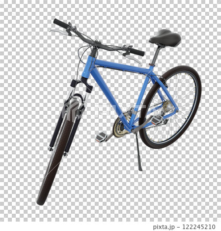 Blue bicycle standing while leaning on kickstand, side front view. Bike resting on kick stand. Png clipart isolated on transparent background 122245210