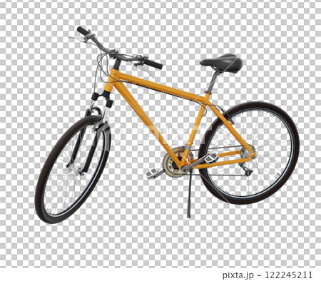Orange bicycle standing while leaning on kickstand, side view. Bike resting on kick stand. Png clipart isolated on transparent background 122245211