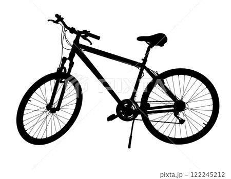 Black bicycle standing while leaning on kickstand, side view. Bike resting on kick stand. Png clipart isolated on transparent background 122245212