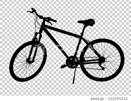 Black bicycle standing while leaning on kickstand, side view. Bike resting on kick stand. Png clipart isolated on transparent background 122245212