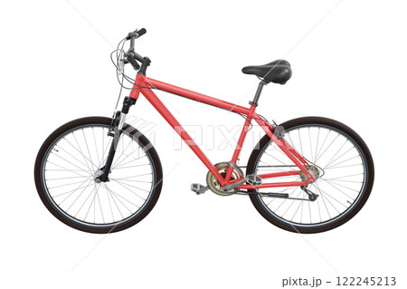 Red bicycle, side view. Black leather saddle and handles. Png clipart isolated on transparent background 122245213