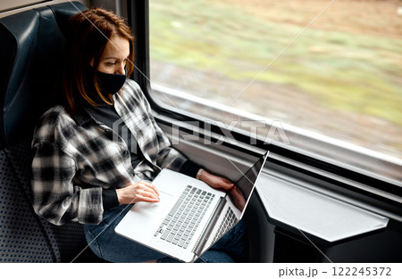 Focused Woman Using Laptop on Train. 122245372