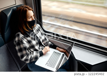 Woman on Train Typing on Laptop. Woman on Train Typing on Laptop. 122245402
