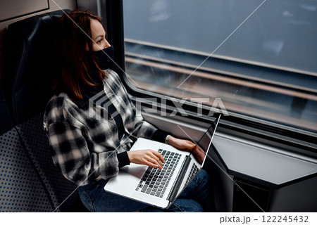 Focused Woman Working on Train Laptop. Focused Woman Working on Train Laptop. 122245432