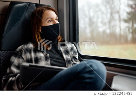 Young Woman with Mask on Train Journey. Young Woman with Mask on Train Journey. 122245453