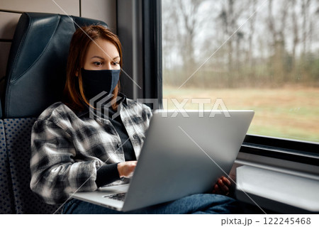 Woman Using Laptop on Train Journey. 122245468