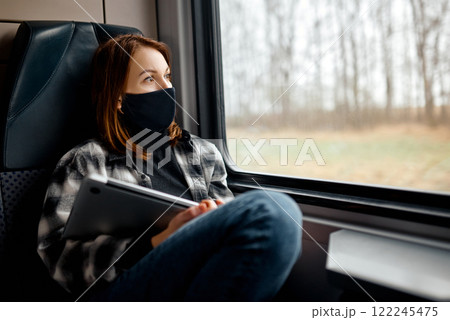 Woman Wearing Mask Looking Out Train Window. Woman Wearing Mask Looking Out Train Window. 122245475