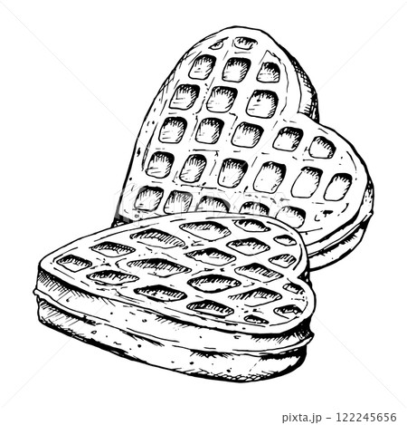 Black and white illustration of two heart-shaped waffles stacked together, drawn in a sketch style. Ideal for breakfast menu, bakery branding, Valentine s Day or International Waffle Day celebrations 122245656