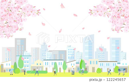 桜とビル群と街並みと人々の歩く風景ベクターイラスト春の背景素材 122245657