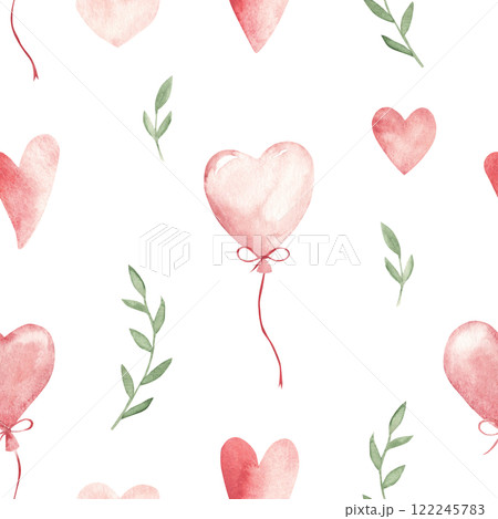 Valentine's Day or Wedding Watercolor Seamless Pattern with flying pink Hearts, air Balloons and green Branches. Watercolor hand drawn illustration for fabric or textile prints, gift packaging paper 122245783