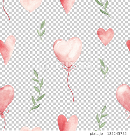 Valentine's Day or Wedding Watercolor Seamless Pattern with flying pink Hearts, air Balloons and green Branches. Watercolor hand drawn illustration for fabric or textile prints, gift packaging paper 122245783