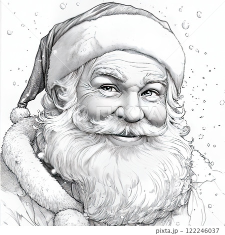 Cheerful Santa Claus portrait with a friendly smile, snowy background, capturing the spirit of Christmas festivities and joy Cheerful Santa Claus portrait with a friendly smile, snowy background, capturing the spirit of Christmas festivities and joy 122246037