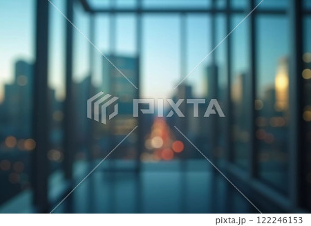 A blurred perspective showcases a modern city skyline through a glass wall during twilight, revealing the vibrancy and complexity of urban life. The fading light reflects city energy. Generative AI 122246153