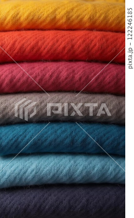 Various samples of woolen fabric in different colors are neatly organized, showcasing a vibrant palette ideal for textile design and creative projects. Generative AI 122246185