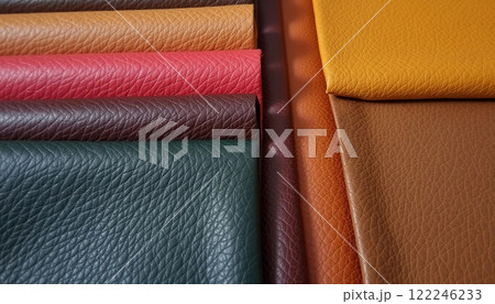 A collection of genuine pigskin leather samples showcases a variety of colors, including shades of orange, gold, brown, and black. Each piece displays unique textures and finishes. Generative AI A collection of genuine pigskin leather samples showcases a variety of colors, including shades of orange, gold, brown, and black. Each piece displays unique textures and finishes. Generative AI 122246233
