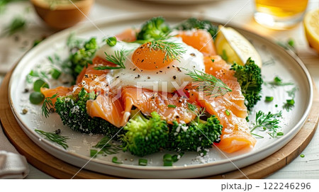 Deliciously presented smoked salmon with poached egg and fresh greens on a rustic plate 122246296