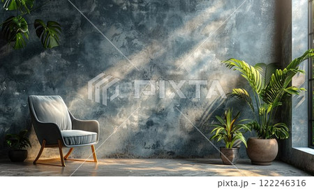 Cozy corner with a modern chair and lush plants bathed in natural light in a stylish indoor space 122246316