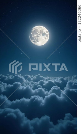 A luminous moon hangs in a dark sky, surrounded by soft clouds that create a dreamy ambiance. The scene invites quiet moments of reflection and wonder under the stars. Generative AI 122246366