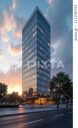 A towering office building with expansive glass windows reflects the vibrant colors of sunset. Urban surroundings and clear skies create a serene atmosphere as day transitions into night. GenerativeAI A towering office building with expansive glass windows reflects the vibrant colors of sunset. Urban surroundings and clear skies create a serene atmosphere as day transitions into night. GenerativeAI 122246391