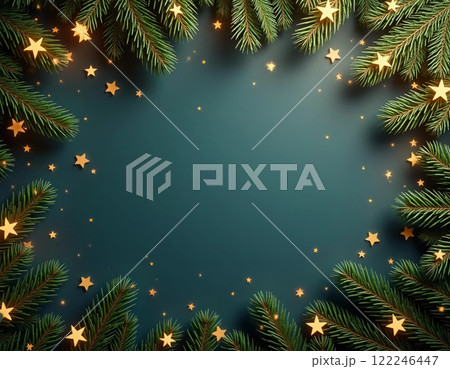 Fir tree branches frame a serene green backdrop, adorned with golden ornaments and stars, creating a warm, inviting atmosphere perfect for holiday festivities and celebrations. Generative AI 122246447