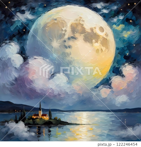 A full moon illuminates a night sky filled with fluffy clouds painted in varying shades of blue, purple, and soft white. Twinkling stars add a magical touch to this serene scene. Generative AI 122246454