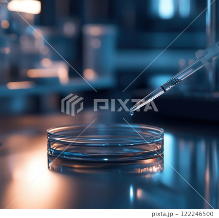 Droplet from a pipette entering a petri dish under soft blue lighting in a sterile laboratory environment 122246500