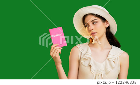 Disappointed young woman in summer hat holding a pink passport document isolated on green copy space background. 122246838