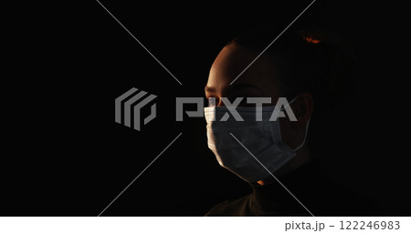 Quarantine silhouette. Covid protection. Respiratory disease. Dark outline of sick woman wearing face mask isolated on black copy space background. Quarantine silhouette. Covid protection. Respiratory disease. Dark outline of sick woman wearing face mask isolated on black copy space background. 122246983