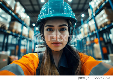 Young European woman operator Counterbalance Forkliftat industrial warehouse. 122247098