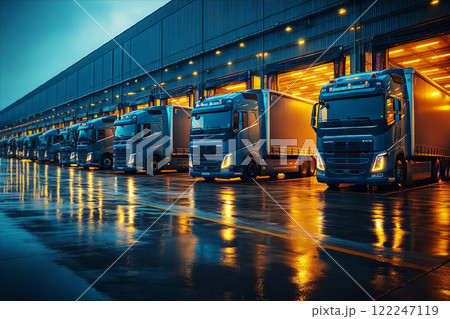 Delivery trucks stand at unloading loading bay of an industrial warehouse in logistics complex in evening in rainy weather. Delivery trucks stand at unloading loading bay of an industrial warehouse in logistics complex in evening in rainy weather. 122247119